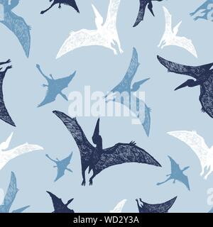 Vector light blue flying reptile dinosaur sketch repeat pattern. Perfect for textile, giftwrap and wallpaper. Stock Vector