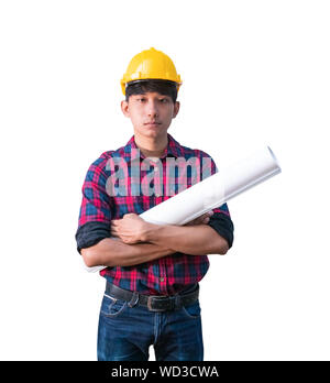 Engineer holding rolled blueprints construction arm cross on chest  and wear yellow safety helmet plastic on white background Stock Photo