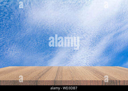 shelves wood floor top empty with blue sky cloud vivid background art of nature beautiful for present your products Stock Photo