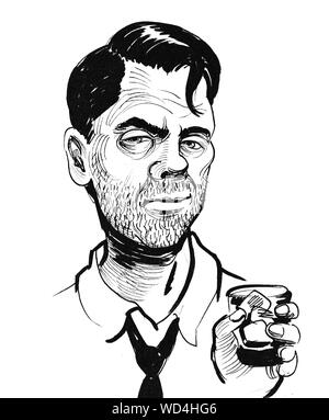 Alcoholic man with a glass of whiskey. Ink black and white illustration Stock Photo
