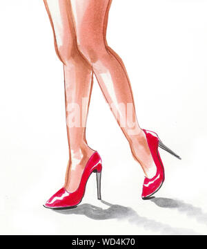Pretty legs in high heel red shoes. Ink and watercolor illustration Stock Photo
