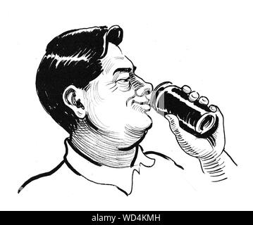 Man drinking beer from the can. Ink black and white drawing Stock Photo
