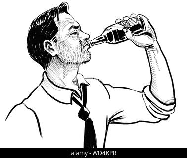 Alcoholic man drinking a beer from the bottle. Ink black and white illustration Stock Photo