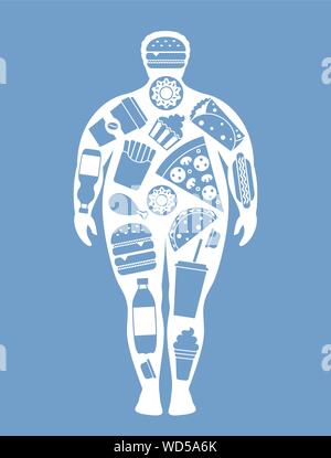 Man monochrome silhouette with scattered fast food elements. Unhealthy, junk food and obesty concept vector illustration. Stock Vector