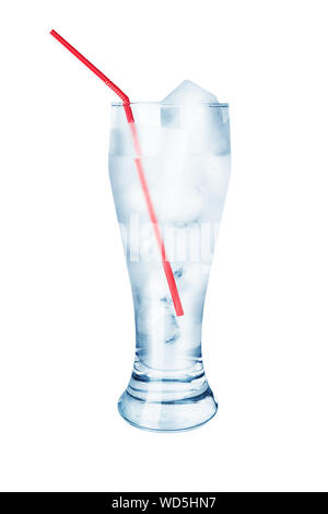 One transparent glass full of cool crystal clear water, ice cubes and red plastic drinking straw on white background isolated closeup, blue water cup Stock Photo
