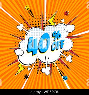 Comic lettering 40 percent off SALE in the speech bubble comic style flat design. Retro vintage pop art illustration isolated on rays background. Excl Stock Vector