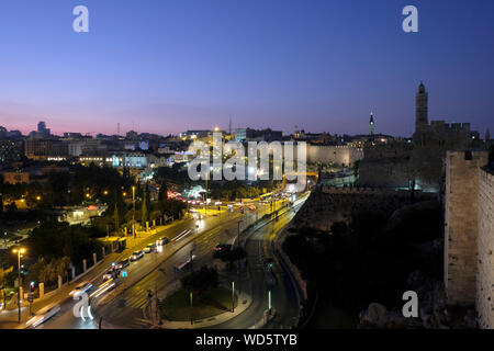 View at twilight of West Jerusalem from the upper sentry path of the Western Ottoman walls of the old city in Jerusalem Israel Stock Photo