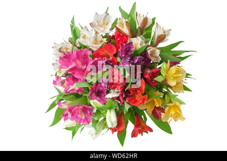 Multicolored alstroemeria flowers round bouquet on white background isolated closeup, lily flower bunches for holiday poster decorative design element Stock Photo