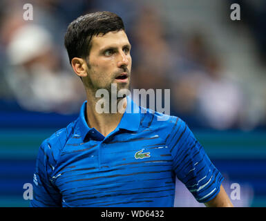New York, NY - August 28, 2019: Novak Djokovic (Serbia) reacts during round 2 of US Open Tennis Championship against Juan Londero (Argentina) at Billie Jean King National Tennis Center Stock Photo