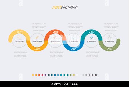 Timeline infographic design vector. 6 options, circle workflow layout. Vector infographic timeline template. Stock Vector