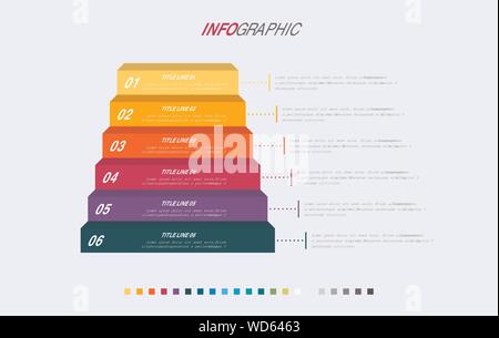 Colorful diagram, infographic template. Timeline with 6 options. Stair workflow process for business. Vector design. Stock Vector