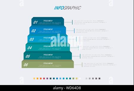 Infographic template. 6 options stairs design with beautiful colors. Vector timeline elements for presentations. Stock Vector