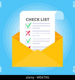 Open envelope with paper sheet page check mark tick and cross x text icon sign vector checklist. Symbol of email confirmation, delivery, verification Stock Vector