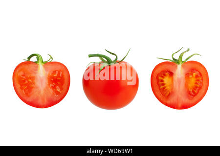 One red tomato with green leaves and two cut off tomatoes halves on white background isolated close up, beautiful whole and sliced round ripe tomatoes Stock Photo