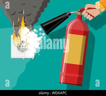 Electrical outlet on fire. Overload of network. Stock Vector