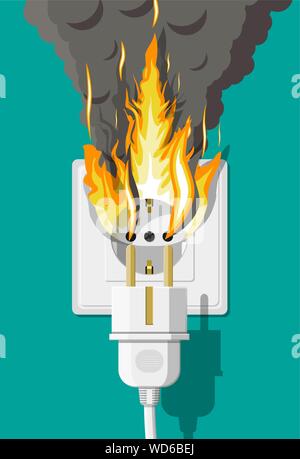 Electrical outlet on fire. Overload of network. Stock Vector