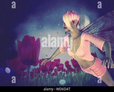 Dream fairy in fantasy land with bright red tulips at night time. Stock Photo