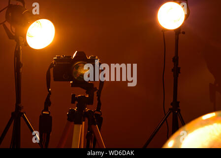 World reflection through a camera lens in a photography studio. Stock Photo