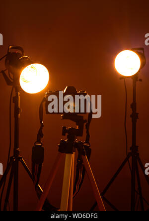 World reflection through a camera lens in a photography studio. Stock Photo