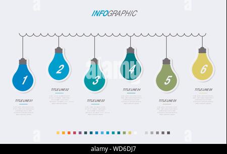 Abstract business light bulbs infographic template with 6 options. Colorful diagram, timeline and schedule isolated on light background. Stock Vector