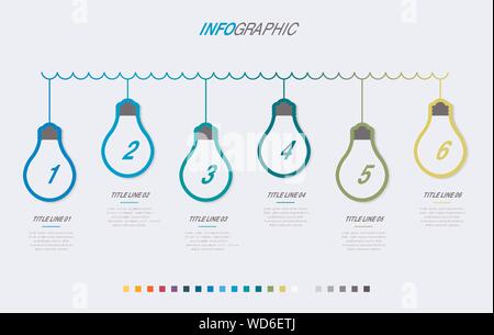 Light bulbs infographic template. 6 options light bulbs design with beautiful colors. Vector timeline elements for presentations. Stock Vector