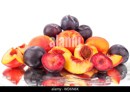A lot of bright fruits, whole and cut peaches and plums on a mirror white background in water drops isolated Stock Photo