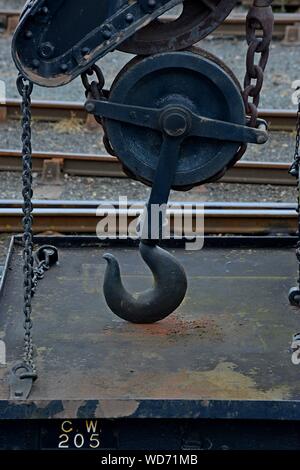 The lifting hook of a rail mounted crane at Didcot Railway Centre, Oxfordshire Stock Photo