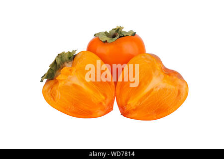 Persimmon orange fruit with green leaves or sharon fruit one whole and one cut into two halves on white background isolated close up Stock Photo