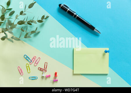 Blank sticky note, eucalyptus branch and pen on pastel paper background. Business start-up and back to schools concept Stock Photo