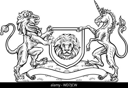 Lion Unicorn Heraldic Shield Crest Coat of Arms Stock Vector