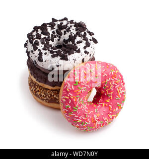 A stack of different donuts on a white background close up isolated Stock Photo