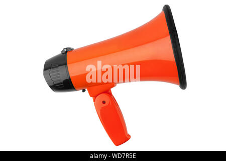 Orange megaphone on white background isolated close up, hand loudspeaker design, loud-hailer or speaking trumpet, announcement symbol, speaker voice Stock Photo