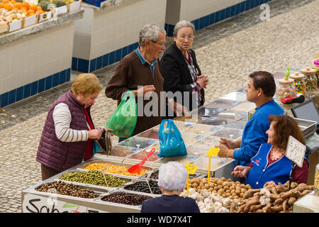 stand of local cheese at the Livramento food market in Setubal town, Portugal Stock Photo