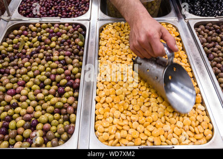 stand of local cheese at the Livramento food market in Setubal town, Portugal Stock Photo