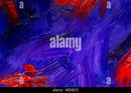 Abstract red, blue and violet brush strokes, real oil painting on canvas by hand full frame, closeup Stock Photo