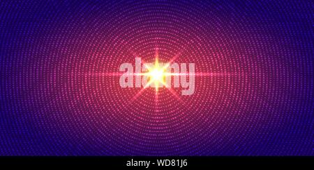 Explosion of red light radial dots pattern halftone on dark blue gradient background. Technology digital concept futuristic neon lighting. Vector illu Stock Vector