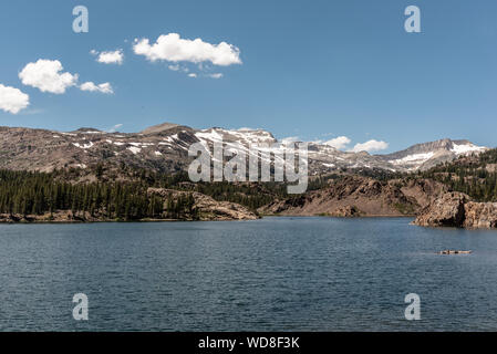 View of Ellery Lake with snow in summer