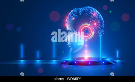 Artificial intelligence with virtual hanging head on podium. Global world cybernetic mind controls humanity. Digital Brain with AI in the spotlight Stock Vector