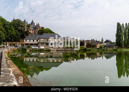Combourg, France - July 27, 2018: View of the  town with the castle and the lake, French Brittany Stock Photo