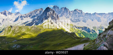 Wonderful view of the Dolomites on Val di Fassa - On background the view of San Nicolò refuge in Contrin valley (Italy) Stock Photo