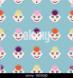 Seamless pattern with funny faces. The image of colored hair of different colors and different emotions. Vector EPS10 Stock Vector