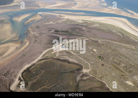 Aerial view of an empty Blakeney Beach on a beautiful summers day. Stock Photo