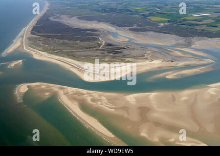 Aerial view of Blakeney Beach on a sunny summers day, uninterrupted view of shoreline. Stock Photo