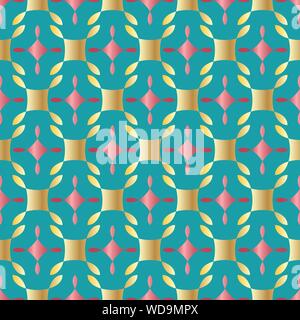 Seamless pattern with ordered arrangement of abstract geometric shapes. The illustration is made in gold shades on turquoise background. Vector EPS10 Stock Vector