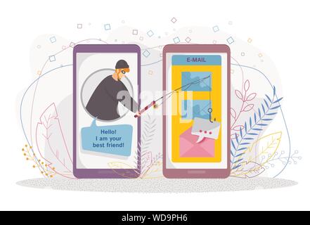Tiny man with a fishing rod steals a letter from a mailbox Stock Vector
