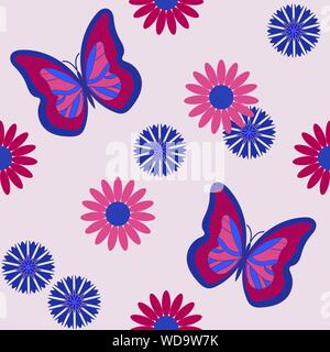 Seamless pattern with butterflies among daisies and cornflowers. Vector illustration, eps10 Stock Vector