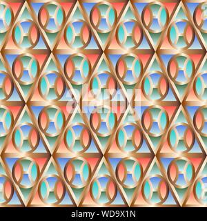 Fashion seamless pattern with geometric shapes, creating the effect of volume. Colorful illustration, eps10. Clipping mask applied. Stock Vector