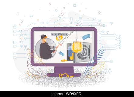 Tiny male thief with a fishing rod steals money from a bank safe Stock Vector