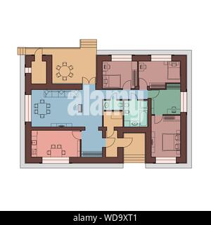 Architectural plan of a house. Top view with furniture. Cottage rooms are painted differently. Vector illustration. EPS10 Stock Vector