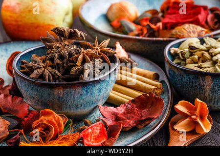 anise stars in blue bowl Stock Photo